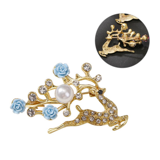 Picture of 1 Piece Elegant Pin Brooches Christmas Reindeer Flower Gold Plated Light Blue Imitation Pearl 4.9cm x 3cm