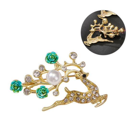 Picture of 1 Piece Elegant Pin Brooches Christmas Reindeer Flower Gold Plated Green Imitation Pearl 4.9cm x 3cm