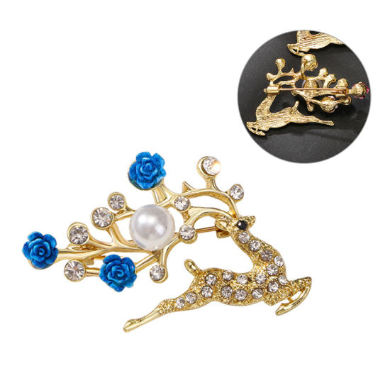 Picture of 1 Piece Elegant Pin Brooches Christmas Reindeer Flower Gold Plated Dark Blue Imitation Pearl 4.9cm x 3cm