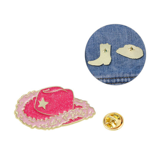 Picture of 1 Piece West Cowboy Pin Brooches Hat Pentagram Star Gold Plated Pink Enamel 3.3cm x 1.8cm