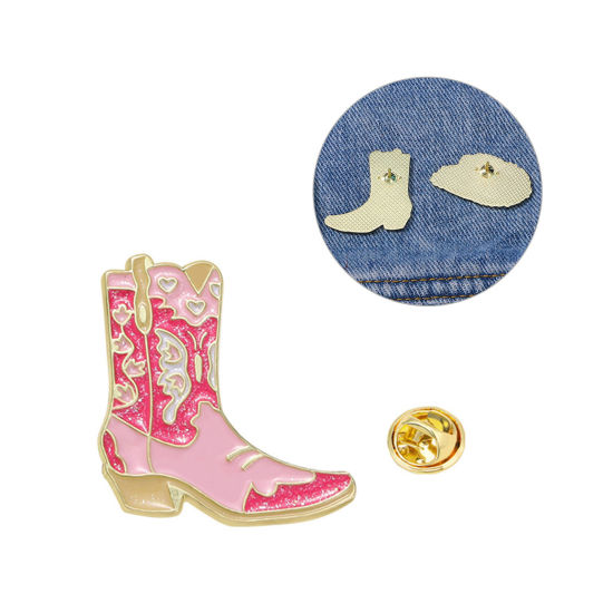 Picture of 1 Piece West Cowboy Pin Brooches Boots Heart Gold Plated Pink Enamel 3.3cm x 1.8cm