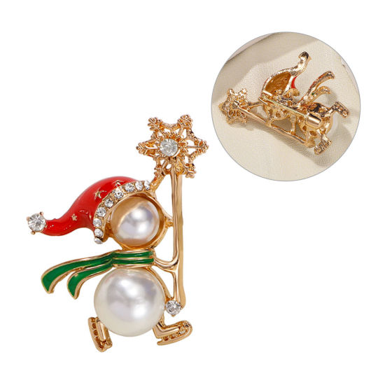 Imagen de 1 Unidad Navidad Pin Broches Copo de nieve Navidad Chapado en Oro Multicolor Imitación de perla 4.5cm x 3.6cm