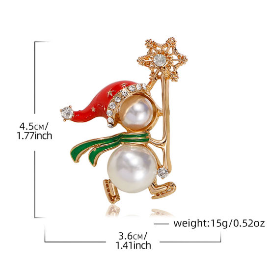 Imagen de 1 Unidad Navidad Pin Broches Copo de nieve Navidad Chapado en Oro Multicolor Imitación de perla 4.5cm x 3.6cm