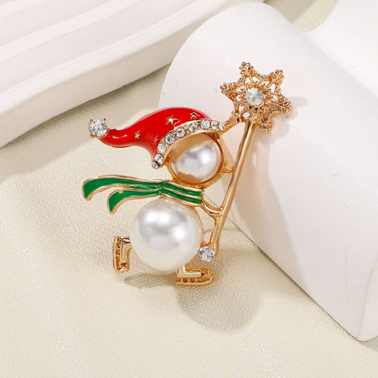 Imagen de 1 Unidad Navidad Pin Broches Copo de nieve Navidad Chapado en Oro Multicolor Imitación de perla 4.5cm x 3.6cm