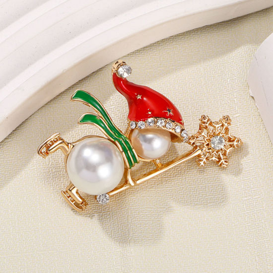 Imagen de 1 Unidad Navidad Pin Broches Copo de nieve Navidad Chapado en Oro Multicolor Imitación de perla 4.5cm x 3.6cm