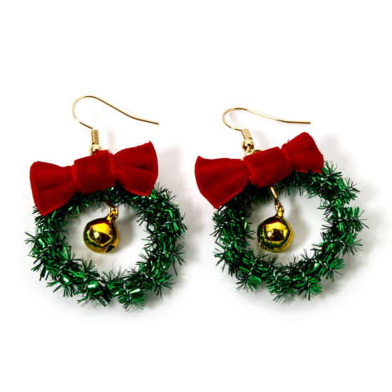 Picture of 1 Pair Zinc Based Alloy Earrings Gold Plated Christmas Wreath 3D 5.3cm x 3.3cm, Post/ Wire Size: (21 gauge)