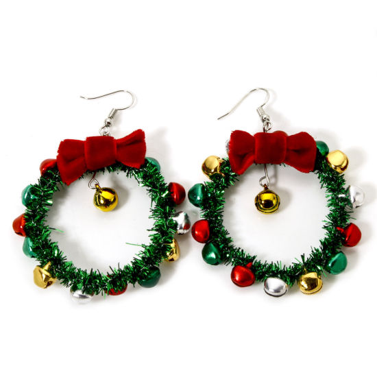 Picture of 1 Pair Zinc Based Alloy Earrings Silver Tone Christmas Wreath 3D 7.8cm x 5.4cm, Post/ Wire Size: (21 gauge)