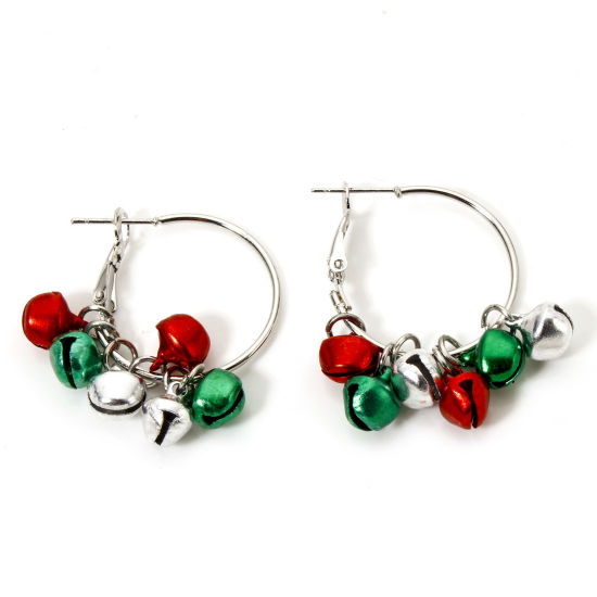 Picture of 1 Pair Zinc Based Alloy Christmas Earrings Silver Tone Bell 3D 3.5cm x 2.7cm, Post/ Wire Size: (21 gauge)