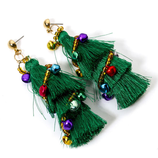 Picture of 1 Pair Zinc Based Alloy Christmas Earrings Gold Plated Tassel 3D 9.3cm x 3.2cm, Post/ Wire Size: (21 gauge)