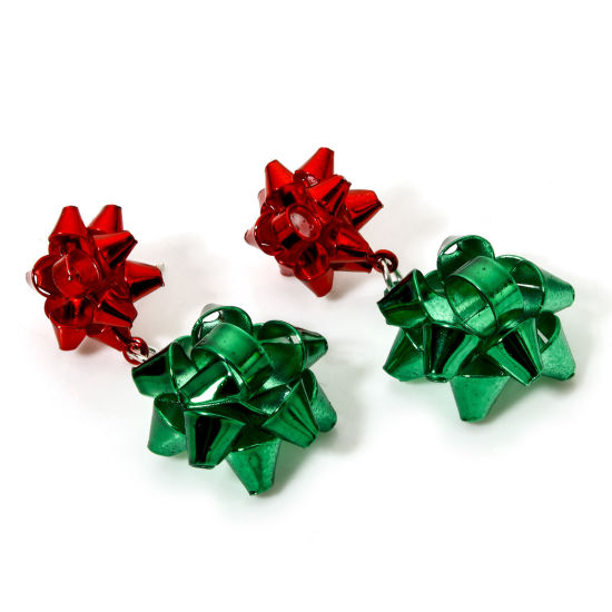 Picture of 1 Pair Zinc Based Alloy Christmas Earrings Silver Tone Flower 3D 4.4cm x 2.1cm, Post/ Wire Size: (21 gauge)