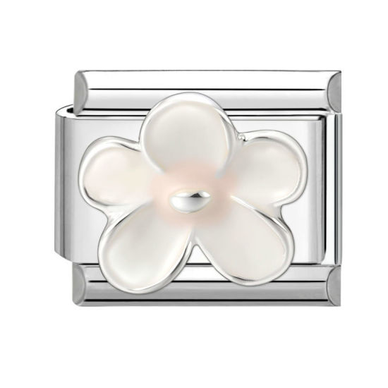 Bild von 1 Stück 304 Edelstahl Exquisit Italienische Charm-Links für die DIY-modulare Armbanduhr-Schmuckherstellung Großhandel Silberfarbe Weiß Rechteck Blumen 10mm x 9mm
