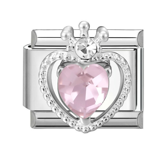 Bild von 1 Stück 304 Edelstahl Exquisit Italienische Charm-Links für die DIY-modulare Armbanduhr-Schmuckherstellung Großhandel Silberfarbe Rechteck Herz Rosa Strass 10mm x 9mm