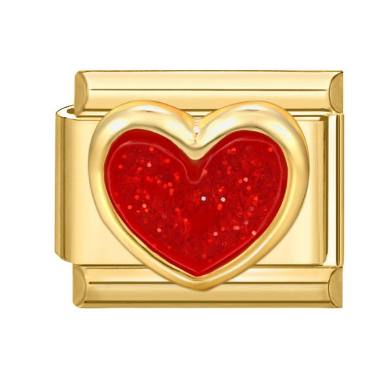 Image de 1 Pièce Maillons de Charme Italiens pour la Fabrication de Bijoux de Montres-Bracelets Modulables à Faire Soi-Même En Gros La Saint Valentin en 304 Acier Inoxydable Doré Rouge Rectangle Cœur 10mm x 9mm