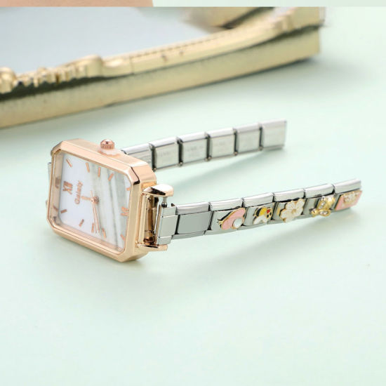 Bild von 1 Set ( 2 Stück/Set) 304 Edelstahl Exquisit Italienische Charm-Armbanduhr-Verbindungszubehör Silberfarbe Rechteck 10mm