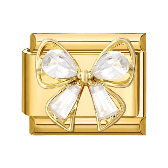 Image de 1 Pièce Maillons de Charme Italiens pour la Fabrication de Bijoux de Montres-Bracelets Modulables à Faire Soi-Même En Gros Exquis en 304 Acier Inoxydable Doré Rectangle Nœuds Papillons à Strass Transparent 10mm x 9mm