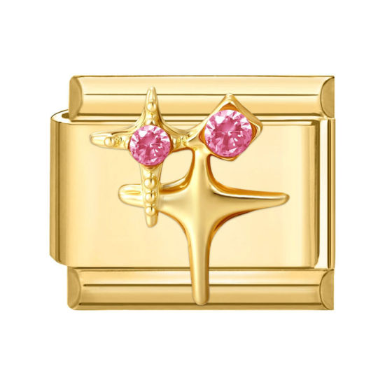 Image de 1 Pièce Maillons de Charme Italiens pour la Fabrication de Bijoux de Montres-Bracelets Modulables à Faire Soi-Même En Gros Exquis en 304 Acier Inoxydable Doré Rectangle Etoile à Strass Rose 10mm x 9mm