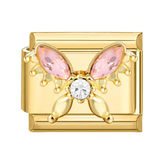 Image de 1 Pièce Maillons de Charme Italiens pour la Fabrication de Bijoux de Montres-Bracelets Modulables à Faire Soi-Même En Gros Exquis en 304 Acier Inoxydable Doré Rectangle Papillons à Strass Rose 10mm x 9mm