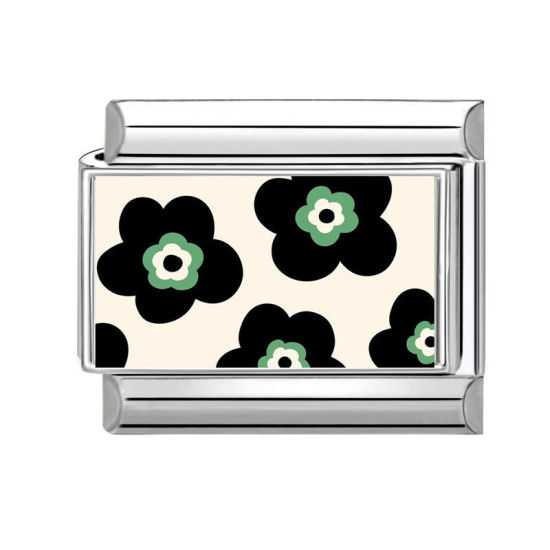 Bild von 1 Stück 304 Edelstahl Exquisit Charm-Armband mit italienischen Gliedern zur Herstellung von DIY-Schmuck Silberfarbe Schwarz Rechteck Blumen 10mm x 9mm