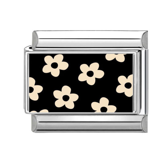Bild von 1 Stück 304 Edelstahl Exquisit Charm-Armband mit italienischen Gliedern zur Herstellung von DIY-Schmuck Silberfarbe Schwarz Rechteck Blumen 10mm x 9mm
