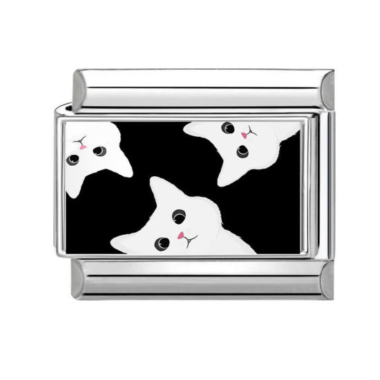 Bild von 1 Stück 304 Edelstahl Exquisit Charm-Armband mit italienischen Gliedern zur Herstellung von DIY-Schmuck Silberfarbe Weiß Rechteck Katze 10mm x 9mm