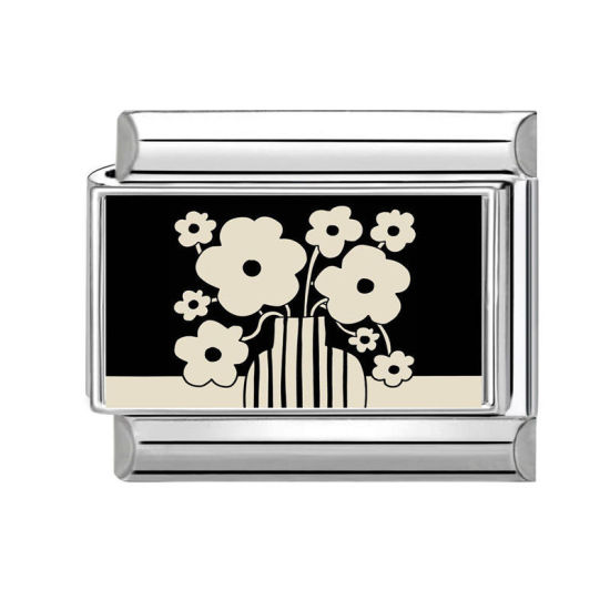 Bild von 1 Stück 304 Edelstahl Exquisit Charm-Armband mit italienischen Gliedern zur Herstellung von DIY-Schmuck Silberfarbe Schwarz Rechteck Blumen 10mm x 9mm