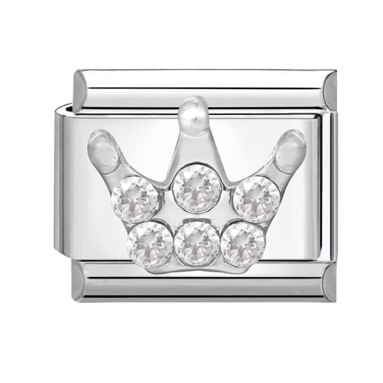 Bild von 1 Stück 304 Edelstahl Exquisit Italienische Charm-Links für die DIY-modulare Armbanduhr-Schmuckherstellung Großhandel Silberfarbe Rechteck Kaiserkrone Transparent Strass 10mm x 9mm