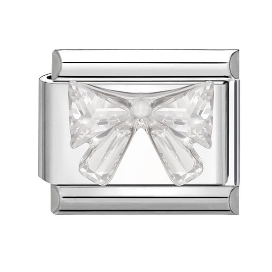 Bild von 1 Stück 304 Edelstahl & Zirkon Exquisit Italienische Charm-Links für die DIY-modulare Armbanduhr-Schmuckherstellung Großhandel Silberfarbe Rechteck Schleife 10mm x 9mm