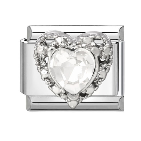 Bild von 1 Stück 304 Edelstahl Valentinstag Italienische Charm-Links für die DIY-modulare Armbanduhr-Schmuckherstellung Großhandel Silberfarbe Rechteck Herz Transparent Strass 10mm x 9mm