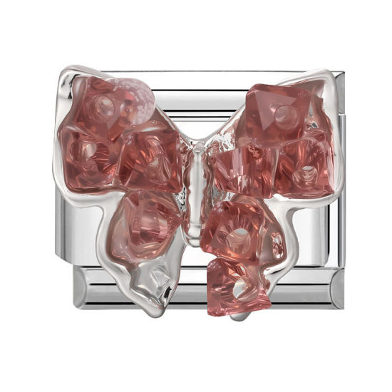 Bild von 1 Stück 304 Edelstahl Exquisit Italienische Charm-Links für die DIY-modulare Armbanduhr-Schmuckherstellung Großhandel Silberfarbe Braun Rechteck Schmetterling 10mm x 9mm