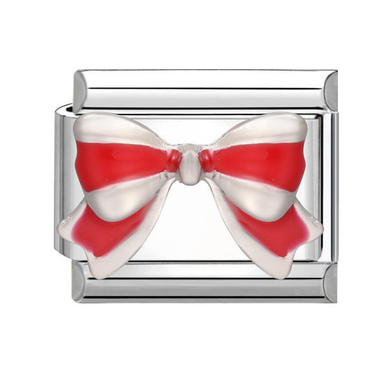 Bild von 1 Stück 304 Edelstahl Exquisit Italienische Charm-Links für die DIY-modulare Armbanduhr-Schmuckherstellung Großhandel Silberfarbe Rot Rechteck Schleife 10mm x 9mm