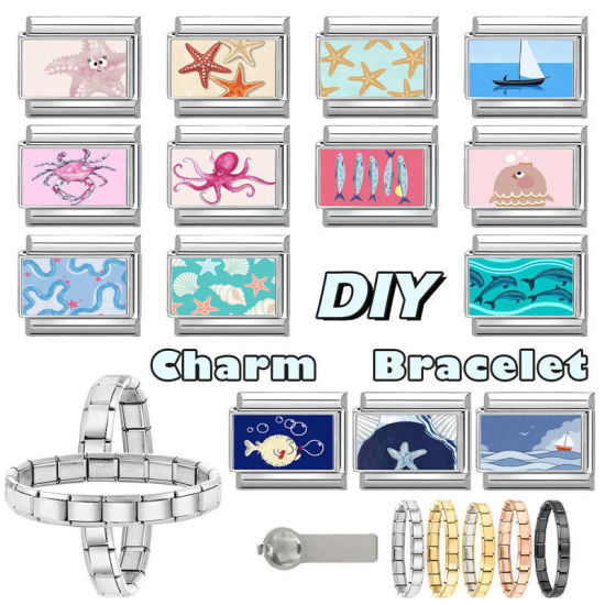 Picture of 1 Piece 304 Stainless Steel Exquisite Italian Charm Links For DIY Bracelet Jewelry Making Silver Tone Blue Rectangle Fish 10mm x 9mm
