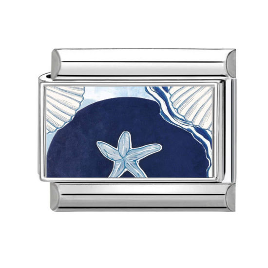 Picture of 1 Piece 304 Stainless Steel Exquisite Italian Charm Links For DIY Bracelet Jewelry Making Silver Tone Dark Blue Rectangle Star Fish 10mm x 9mm