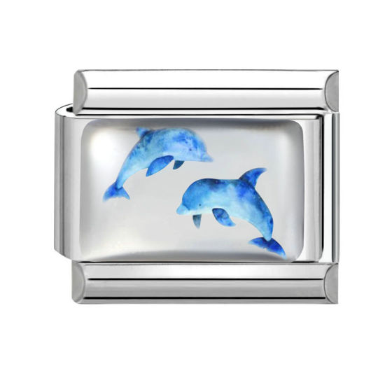 Picture of 1 Piece 304 Stainless Steel Exquisite Italian Charm Links For DIY Bracelet Jewelry Making Silver Tone Blue Rectangle Dolphin 10mm x 9mm