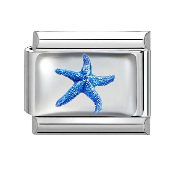 Picture of 1 Piece 304 Stainless Steel Exquisite Italian Charm Links For DIY Bracelet Jewelry Making Silver Tone Blue Rectangle Star Fish 10mm x 9mm