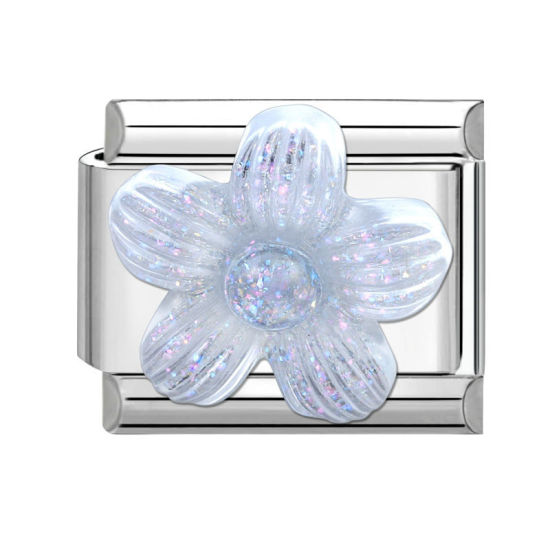 Bild von 1 Stück 304 Edelstahl Exquisit Italienische Charm-Links für die DIY-modulare Armbanduhr-Schmuckherstellung Großhandel Silberfarbe Blau Rechteck Blumen 10mm x 9mm