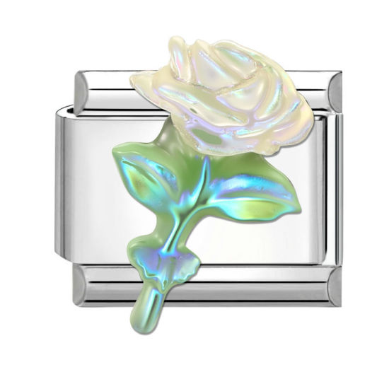 Bild von 1 Stück 304 Edelstahl Exquisit Italienische Charm-Links für die DIY-modulare Armbanduhr-Schmuckherstellung Großhandel Silberfarbe Weiß Rechteck Rose 10mm x 9mm