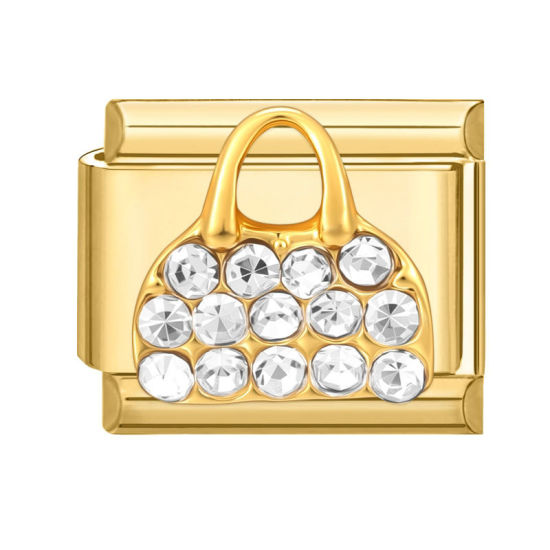 Picture of 1 Piece 304 Stainless Steel Exquisite Italian Charm Links For DIY Modular Bracelet Watch Jewelry Making Wholesale Gold Plated Rectangle Handbag 10mm x 9mm