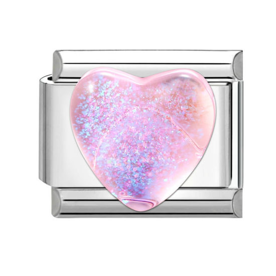 Bild von 1 Stück 304 Edelstahl Valentinstag Italienische Charm-Links für die DIY-modulare Armbanduhr-Schmuckherstellung Großhandel Silberfarbe Rosa Rechteck Herz 10mm x 9mm