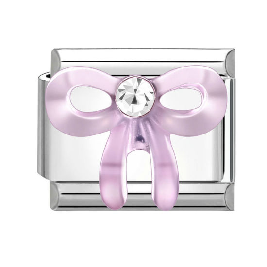 Bild von 1 Stück 304 Edelstahl Exquisit Italienische Charm-Links für die DIY-modulare Armbanduhr-Schmuckherstellung Großhandel Silberfarbe Lila Rechteck Schleife 10mm x 9mm