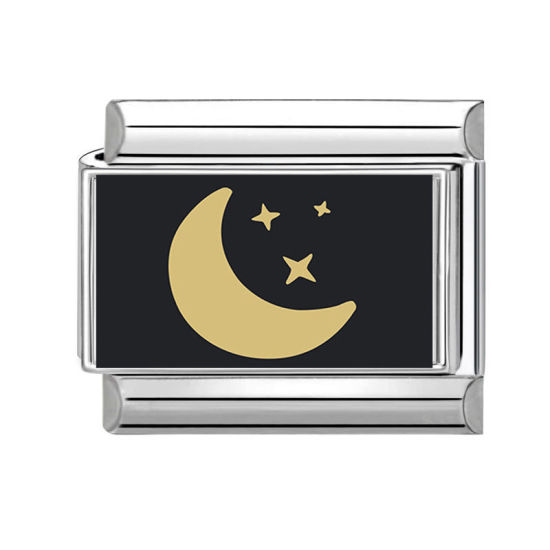 Picture of 1 Piece 304 Stainless Steel Exquisite Italian Charm Links For DIY Bracelet Jewelry Making Silver Tone Black Rectangle Moon 10mm x 9mm