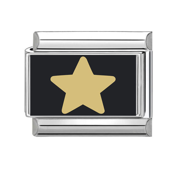 Picture of 1 Piece 304 Stainless Steel Exquisite Italian Charm Links For DIY Bracelet Jewelry Making Silver Tone Black Rectangle Pentagram Star 10mm x 9mm