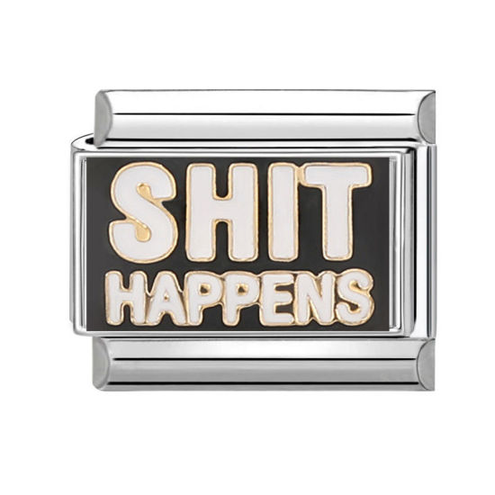 Picture of 1 Piece 304 Stainless Steel Exquisite Italian Charm Links For DIY Bracelet Jewelry Making Silver Tone Black Rectangle Message " Shit Happens " 10mm x 9mm