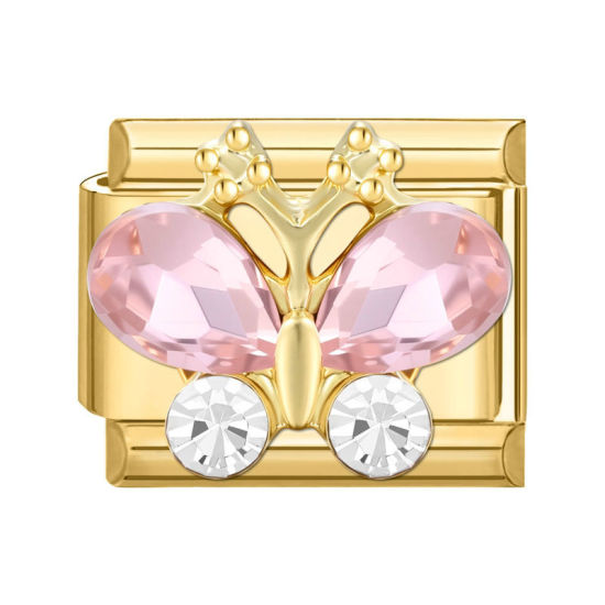 Picture of 1 Piece 304 Stainless Steel Exquisite Italian Charm Links For DIY Modular Bracelet Watch Jewelry Making Wholesale Gold Plated Rectangle Butterfly Pink Rhinestone 10mm x 9mm