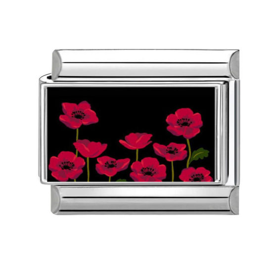 Picture of 1 Piece 304 Stainless Steel Exquisite Italian Charm Links For DIY Bracelet Jewelry Making Silver Tone Red Rectangle Flower 10mm x 9mm