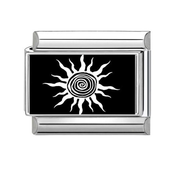 Picture of 1 Piece 304 Stainless Steel Exquisite Italian Charm Links For DIY Bracelet Jewelry Making Silver Tone Black Rectangle Sun 10mm x 9mm