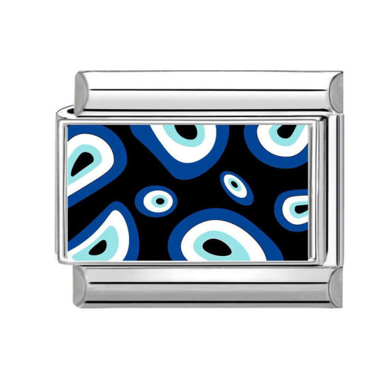 Picture of 1 Piece 304 Stainless Steel Exquisite Italian Charm Links For DIY Bracelet Jewelry Making Silver Tone Black Rectangle Eye 10mm x 9mm