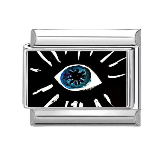 Picture of 1 Piece 304 Stainless Steel Exquisite Italian Charm Links For DIY Bracelet Jewelry Making Silver Tone Black Rectangle Eye 10mm x 9mm