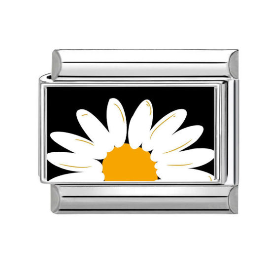 Picture of 1 Piece 304 Stainless Steel Exquisite Italian Charm Links For DIY Bracelet Jewelry Making Silver Tone White Rectangle Flower 10mm x 9mm