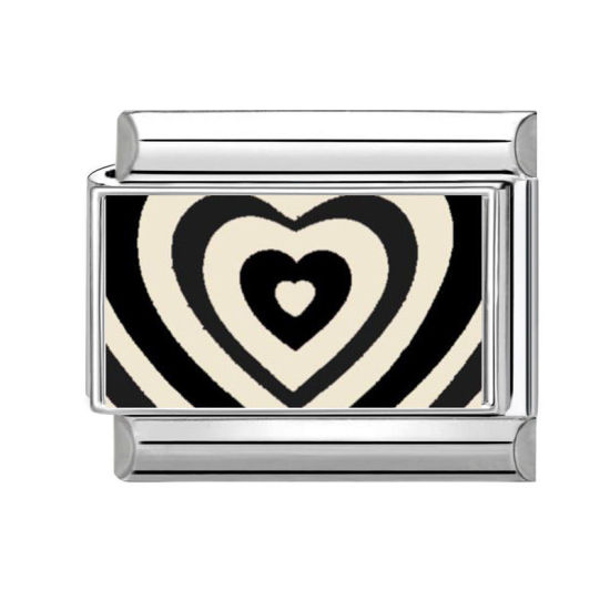 Picture of 1 Piece 304 Stainless Steel Valentine's Day Italian Charm Links For DIY Bracelet Jewelry Making Silver Tone Black Rectangle Heart 10mm x 9mm