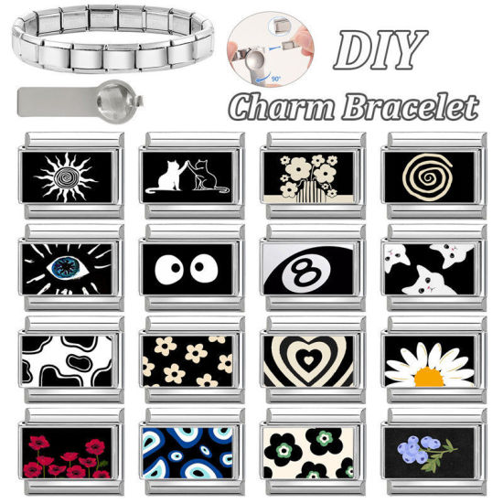 Picture of 1 Piece 304 Stainless Steel Valentine's Day Italian Charm Links For DIY Bracelet Jewelry Making Silver Tone Black Rectangle Heart 10mm x 9mm